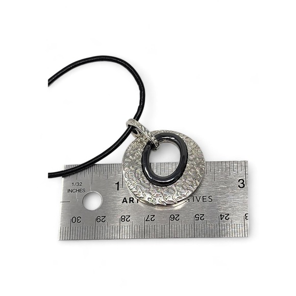 Lia Sophia Merge Necklace Black Leather Cord - Silver Black Enamel Circle 16-19" - Picture 5 of 5